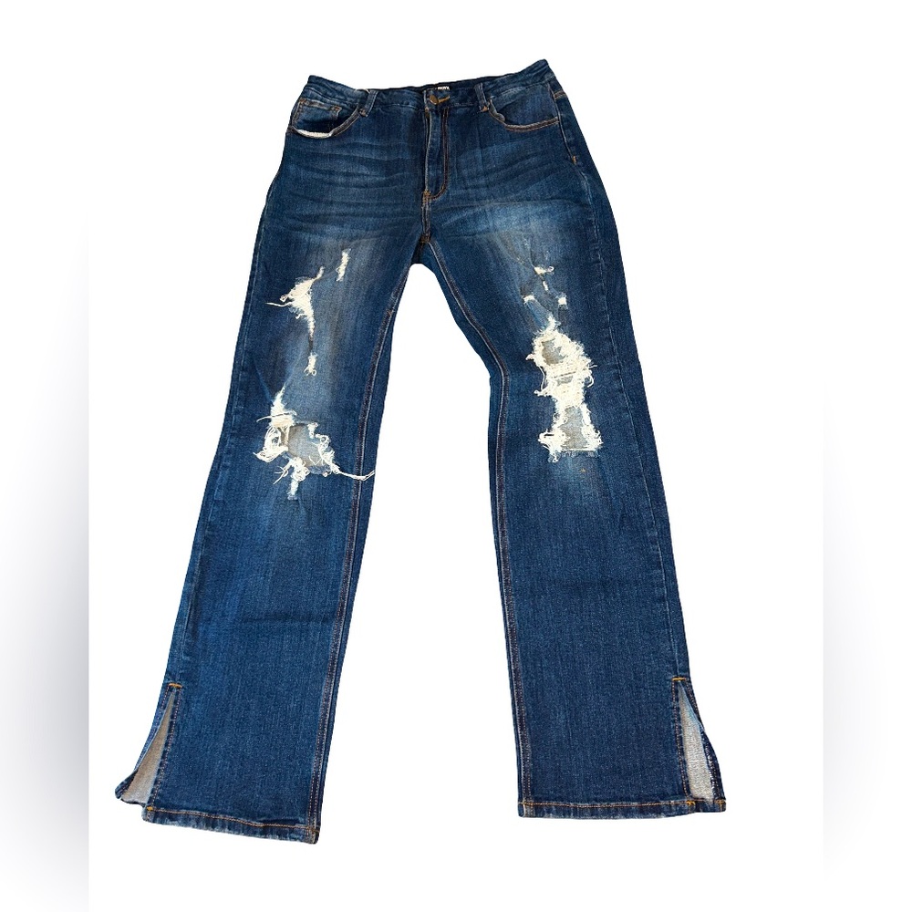 Fashion Nova Blue Boot Cut Distressed Jeans